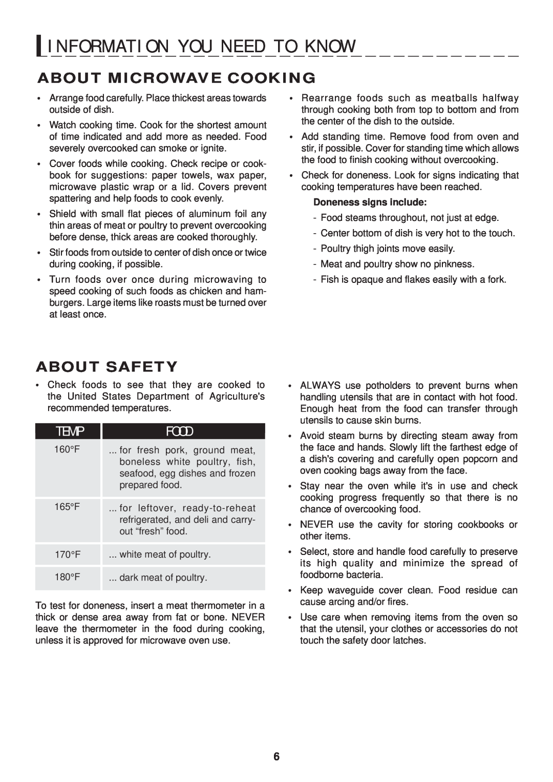Sharp R-401F About Microwave Cooking, About Safety, T E M P, F O O D, I N F O R M A T I O N Y O U N E E D T O K N O W 