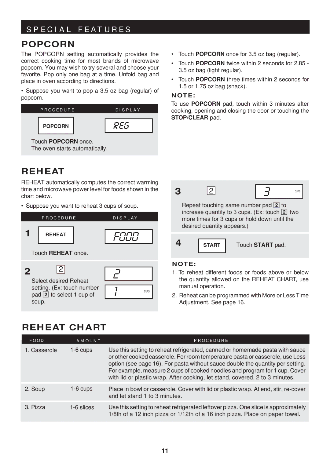 Sharp R-402FW warranty E C I a L F E a T U R E S, Popcorn, Reheat Chart 