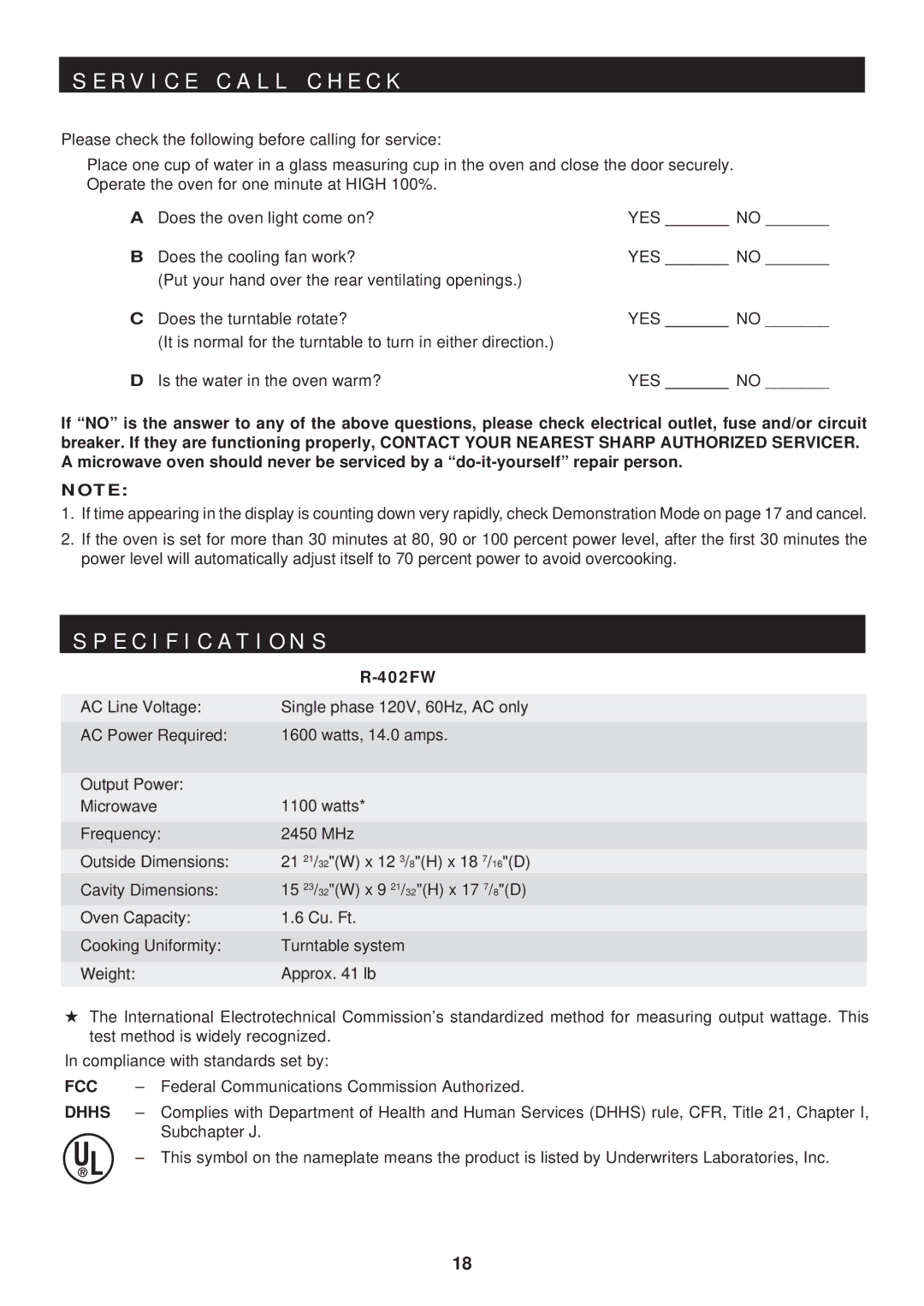 Sharp R-402FW R V I C E C a L L C H E C K, Specification S, Federal Communications Commission Authorized, Subchapter J 