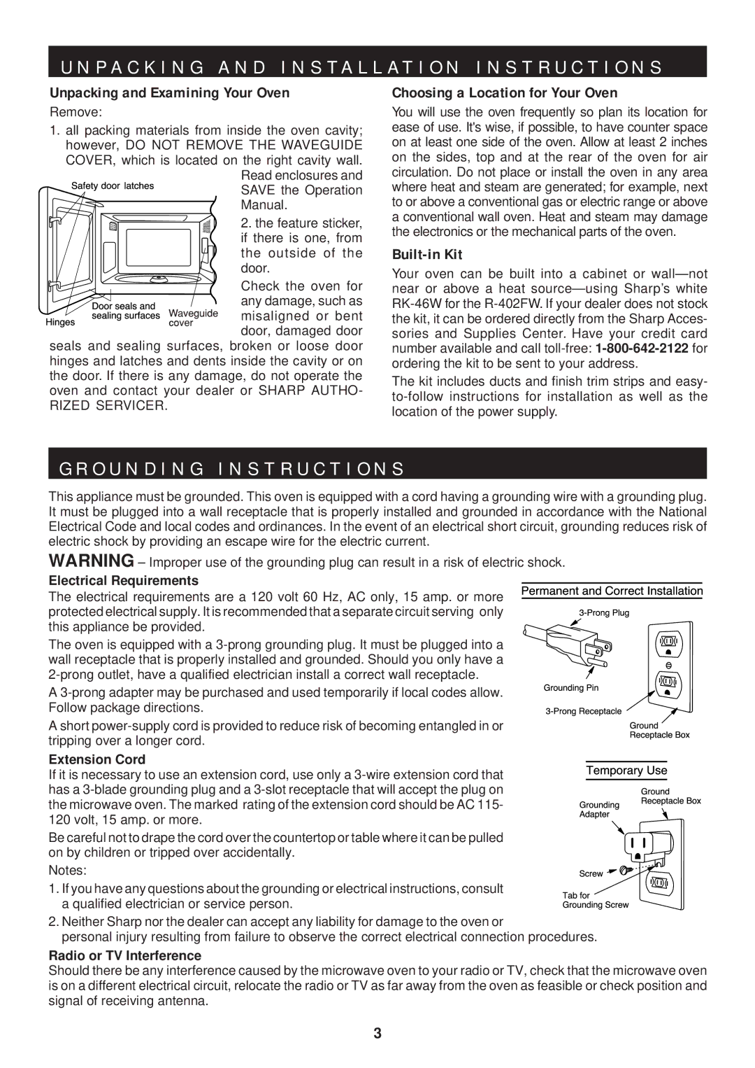 Sharp R-402FW O U N D I N G I N S T R U C T I O N S, Electrical Requirements, Extension Cord, Radio or TV Interference 