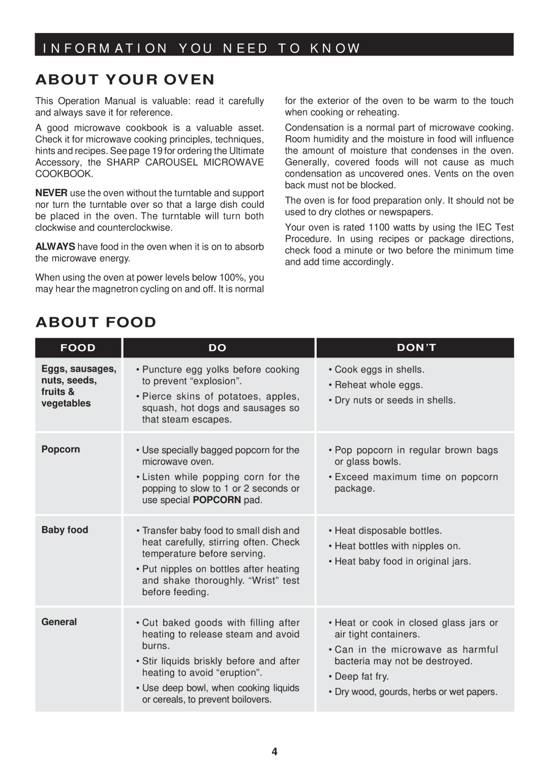 Sharp R-402FW warranty About Your Oven, About Food 