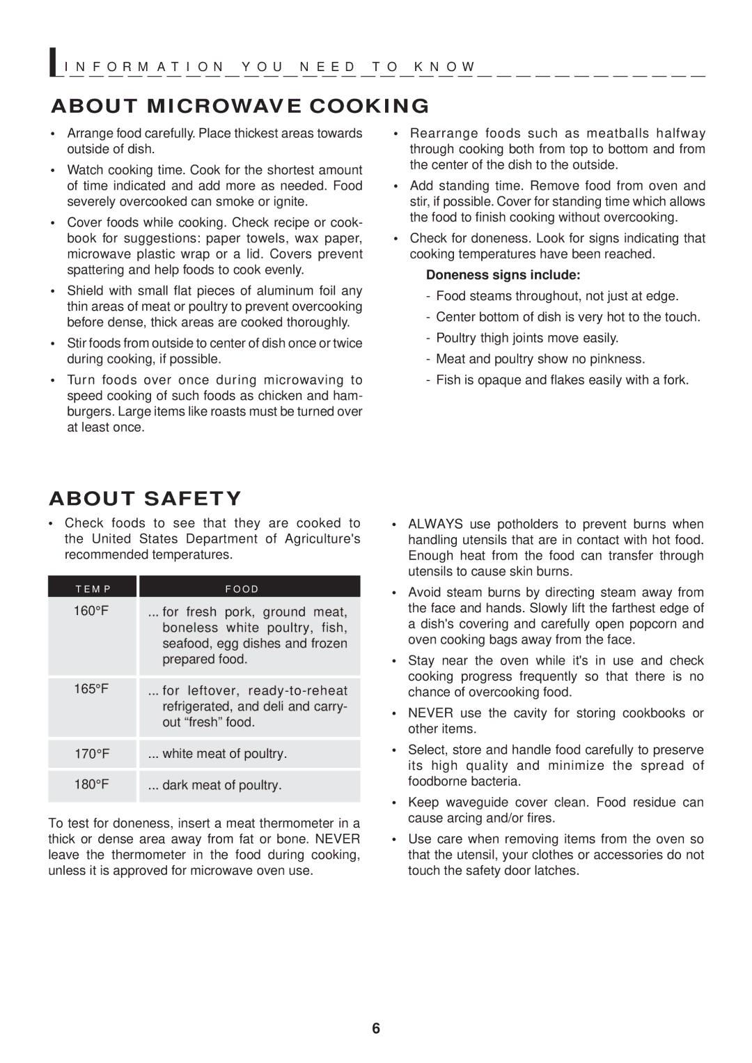 Sharp R-402FW warranty About Microwave Cooking, About Safety, Doneness signs include 