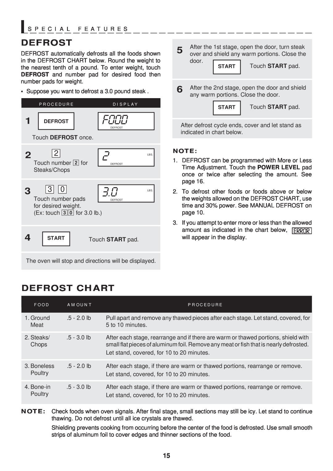 Sharp R-402FW warranty Defrost Chart, A M O U N T, Food, S P E C I A L F E A T U R E S, F O O D, P R O C E D U R E 