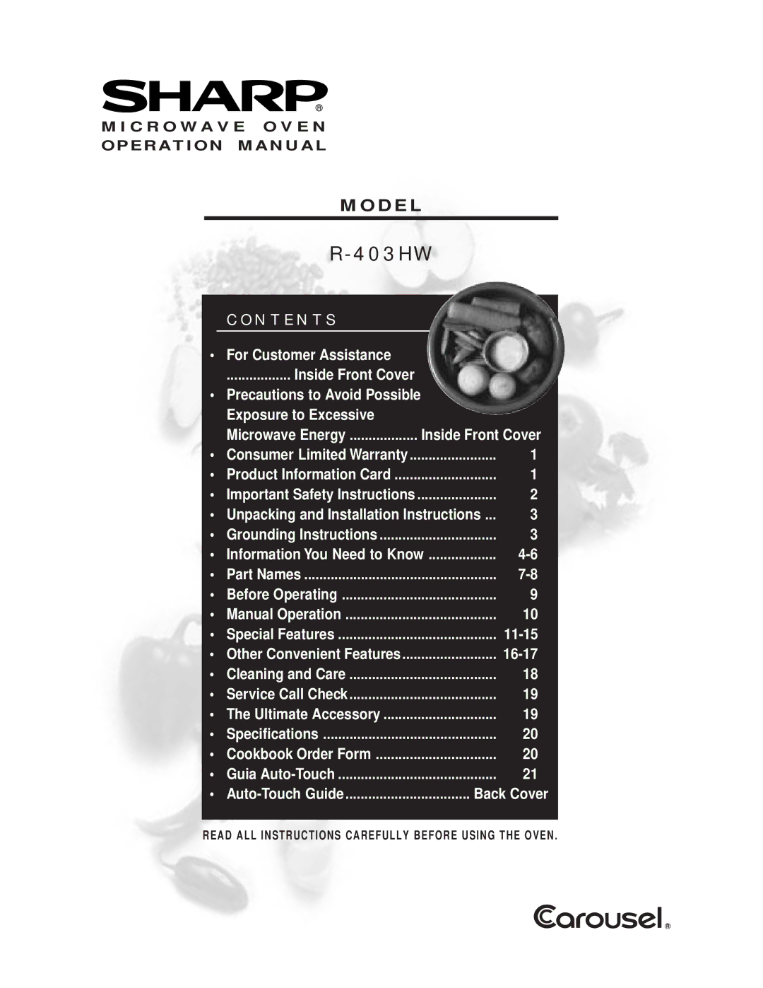 Sharp R-403HW warranty N T E N T S, Model 