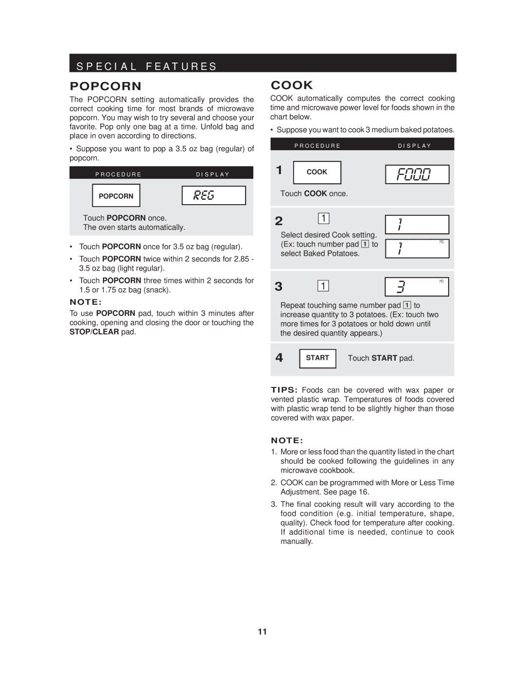 Sharp R-403HW warranty E C I a L F E a T U R E S, Popcorn, Cook 