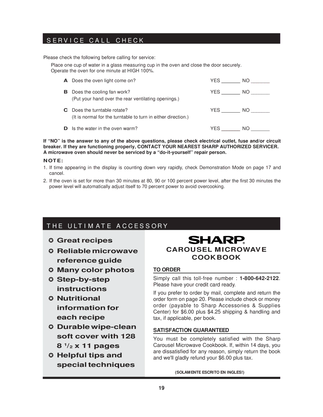 Sharp R-403HW warranty R V I C E C a L L C H E C K, E U L T I M a T E a C C E S S O R Y 