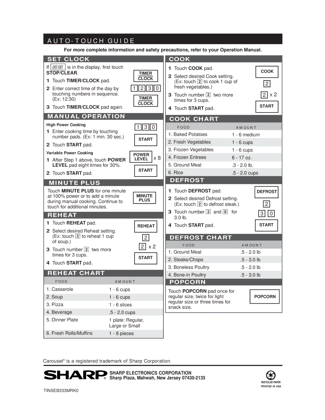 Sharp R-403HW warranty High Power Cooking, Variable Power Cooking, Sharp Plaza, Mahwah, New Jersey 