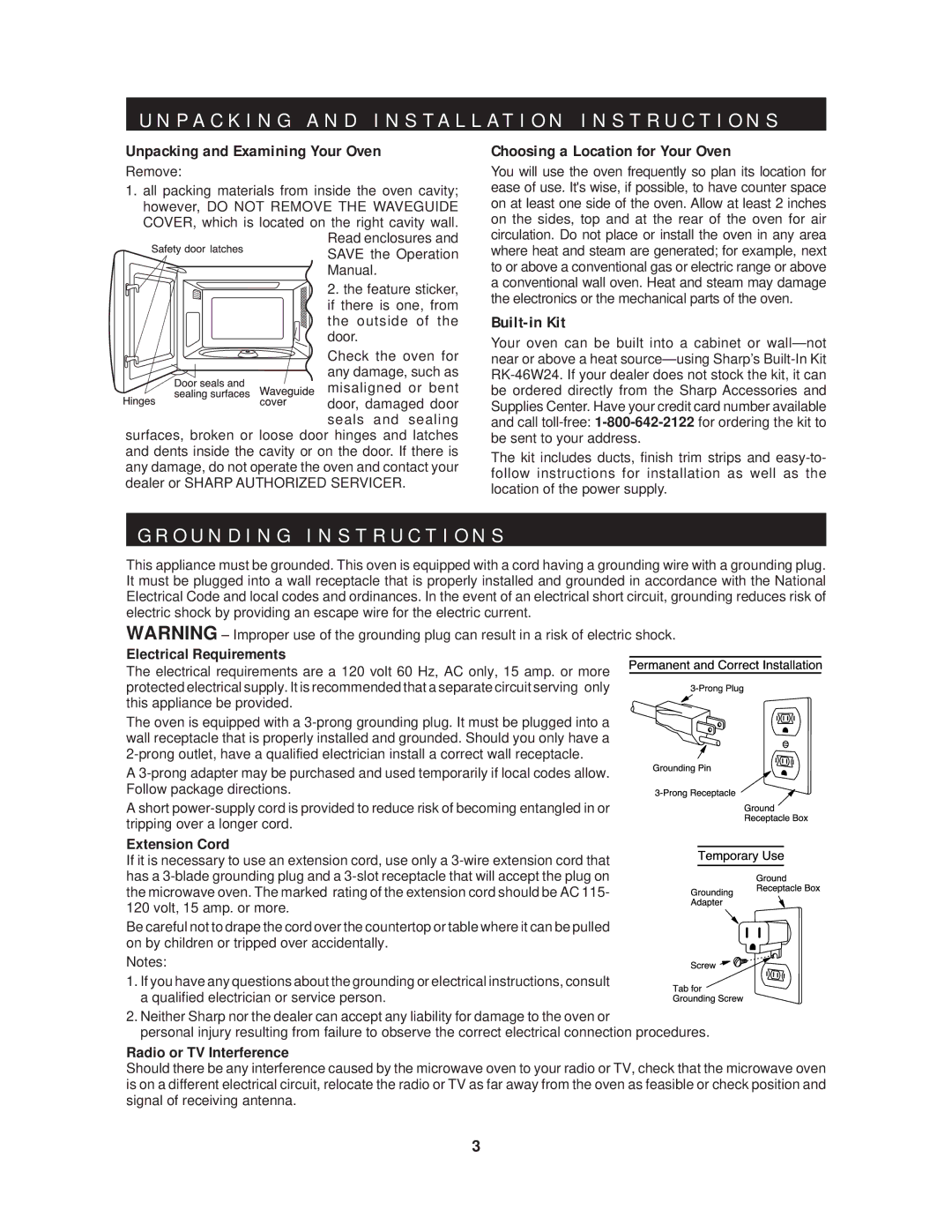 Sharp R-403HW O U N D I N G I N S T R U C T I O N S, Electrical Requirements, Extension Cord, Radio or TV Interference 