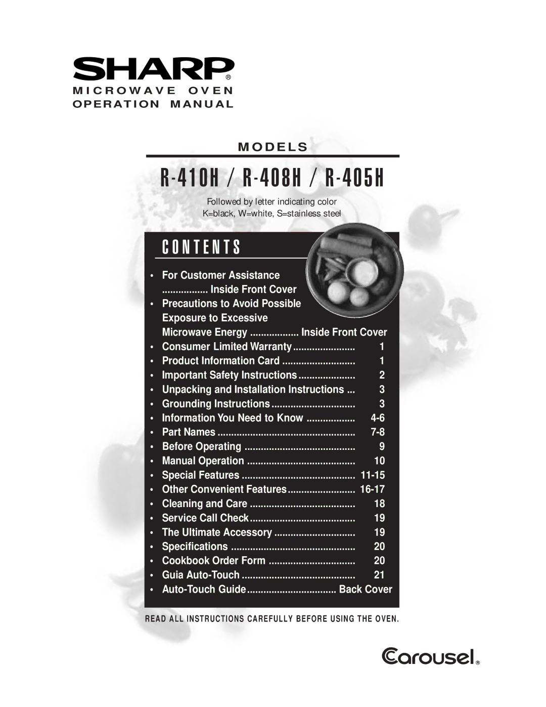 Sharp R-410H, R-405H, R-408H warranty N T E N T S, Models 