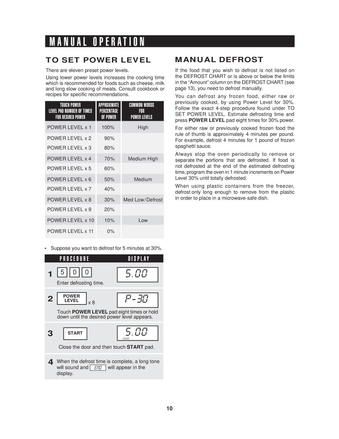 Sharp R-405H, R-410H, R-408H warranty N U a L O P E R a T I O N, To SET Power Level, Manual Defrost 