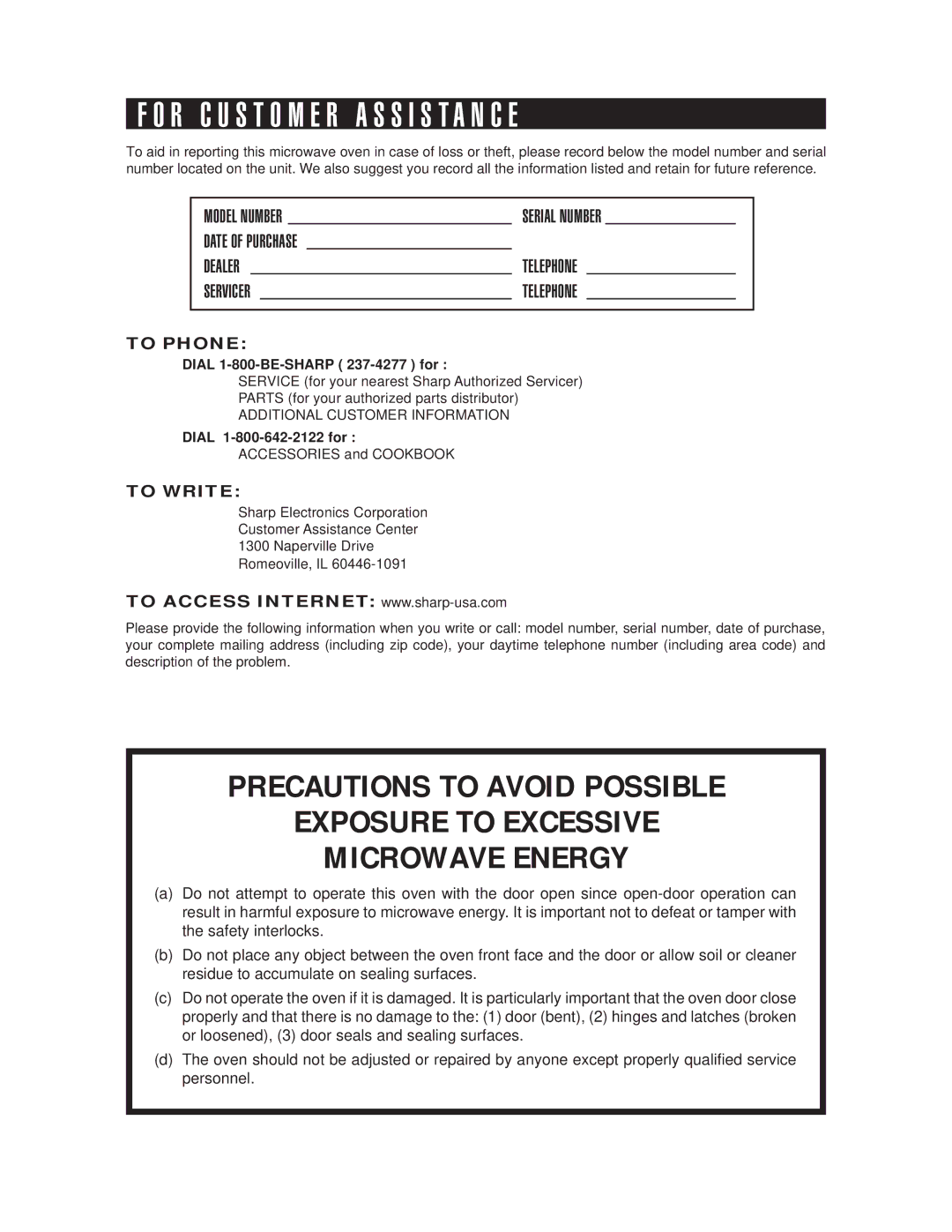 Sharp R-408H, R-405H R C U S T O M E R a S S I S T a N C E, Model Number Serial Number, Dial 1-800-BE-SHARP 237-4277 for 