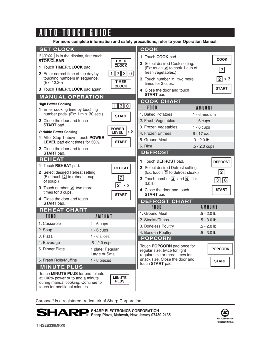 Sharp R-405H, R-410H, R-408H warranty High Power Cooking, Variable Power Cooking, Sharp Plaza, Mahwah, New Jersey 