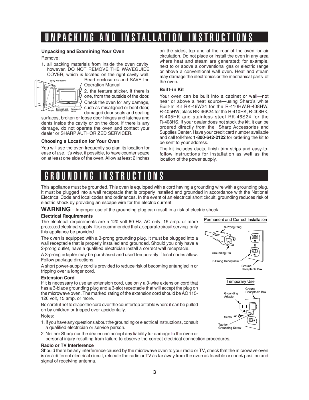 Sharp R-408H O U N D I N G I N S T R U C T I O N S, Electrical Requirements, Extension Cord, Radio or TV Interference 