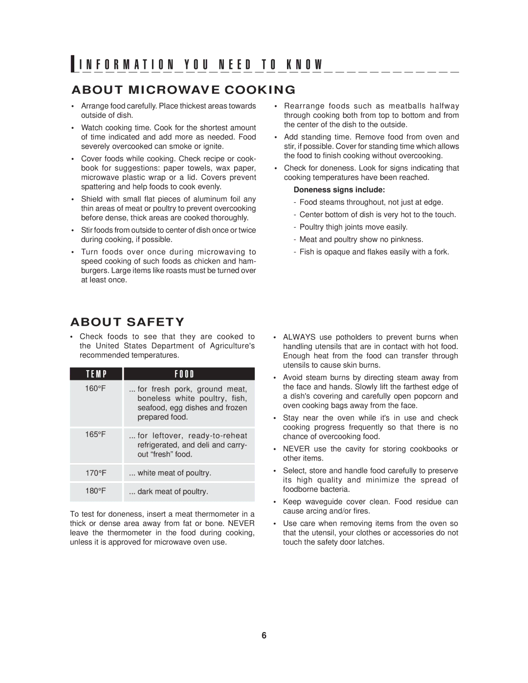 Sharp R-408H, R-405H, R-410H warranty About Microwave Cooking, About Safety, Doneness signs include 