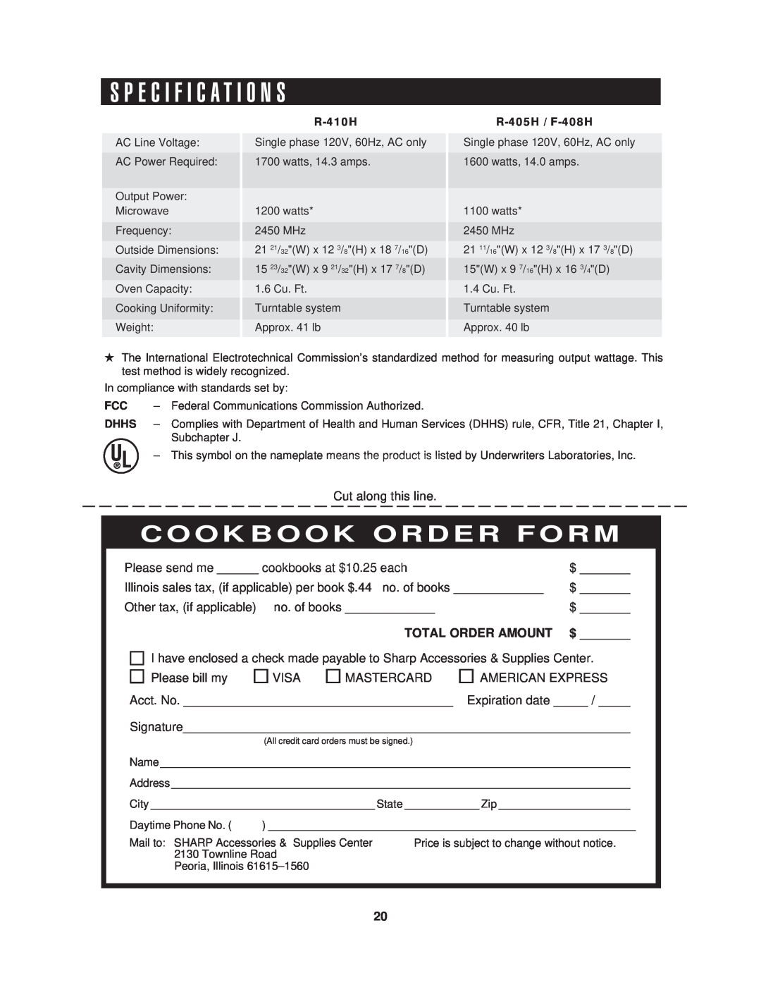 Sharp R-410H, R-405H, R-408H warranty S P E C I F I C A T I O N S, Cookbook Order Form, Total Order Amount 