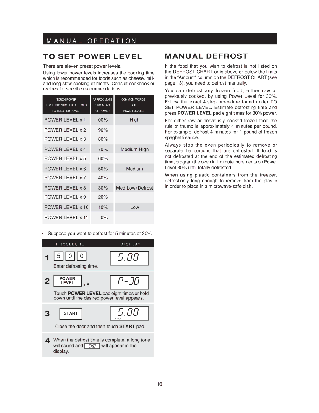 Sharp R-409HK warranty N U a L O P E R a T I O N, To SET Power Level, Manual Defrost 