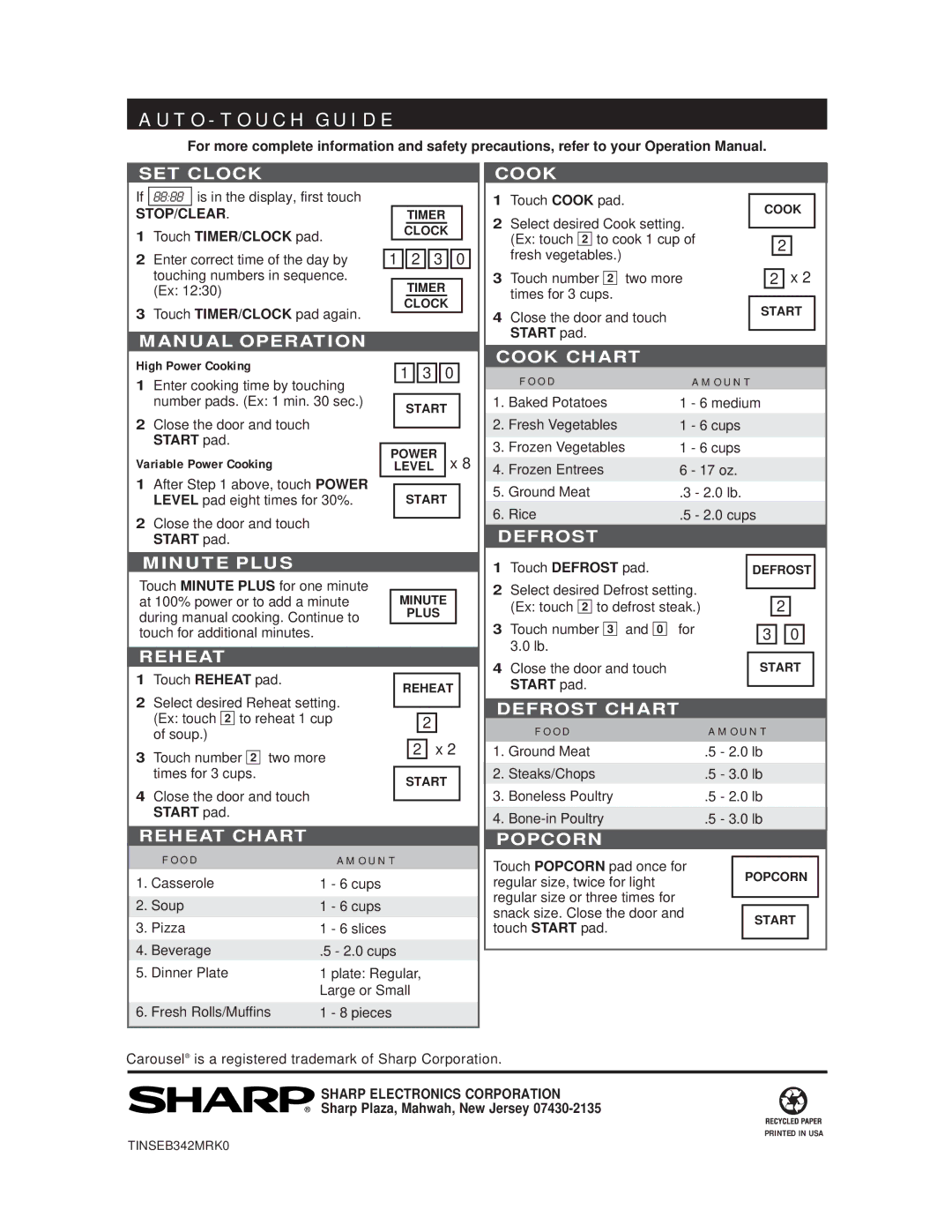 Sharp R-409HK High Power Cooking, Variable Power Cooking, Close the door and touch, Sharp Plaza, Mahwah, New Jersey 