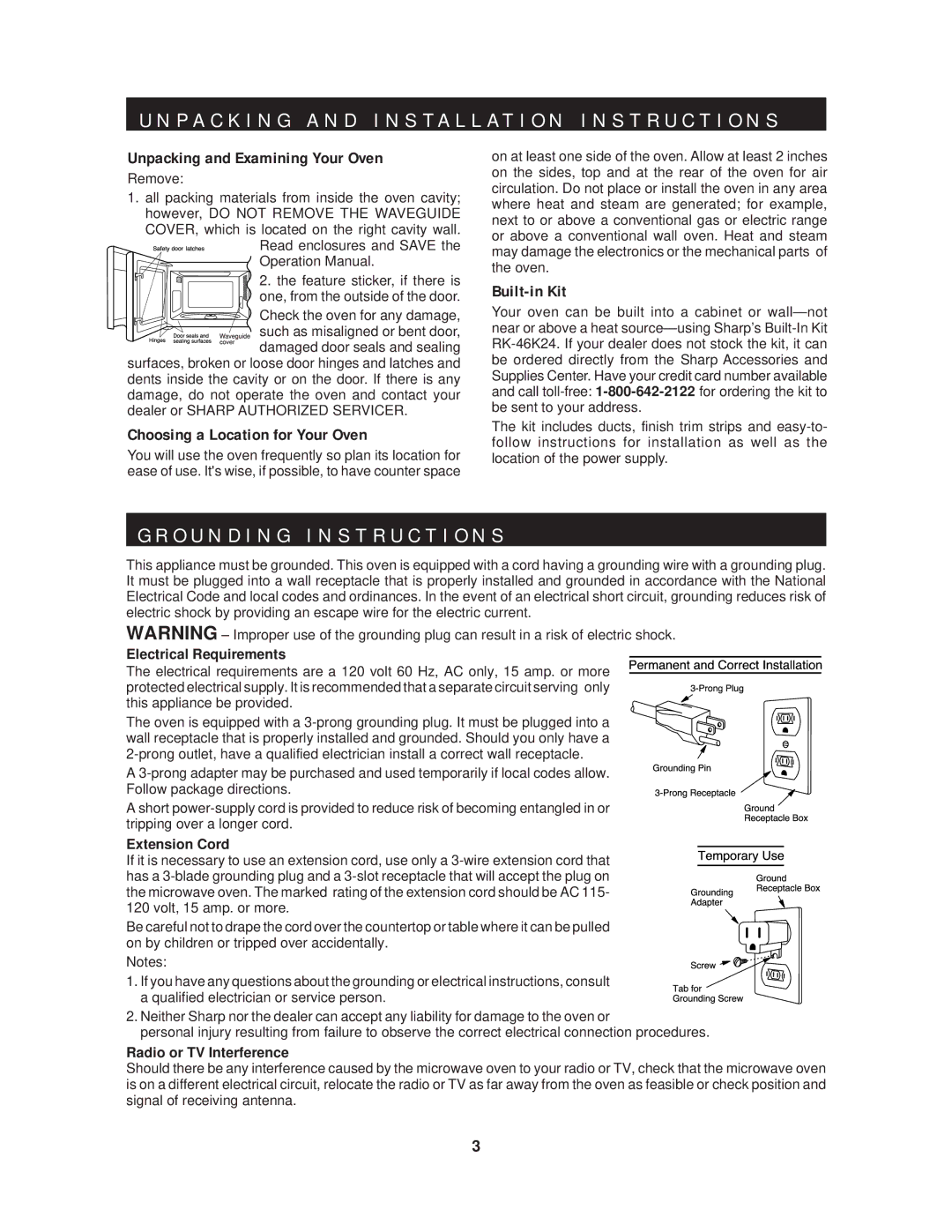 Sharp R-409HK O U N D I N G I N S T R U C T I O N S, Electrical Requirements, Extension Cord, Radio or TV Interference 