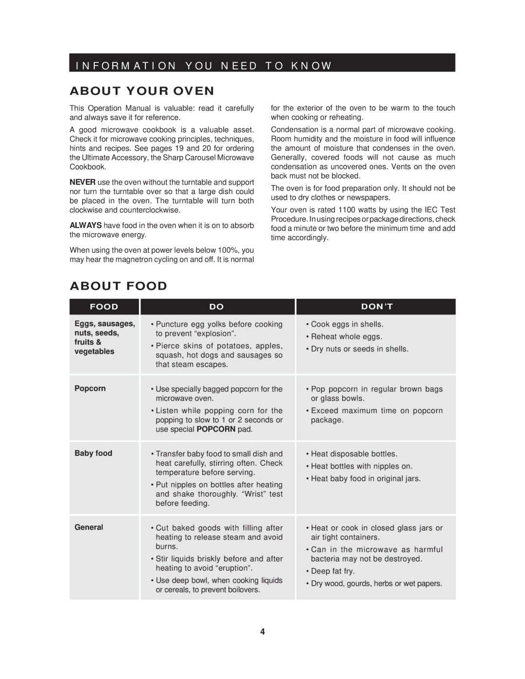 Sharp R-409HK warranty About Your Oven, About Food 