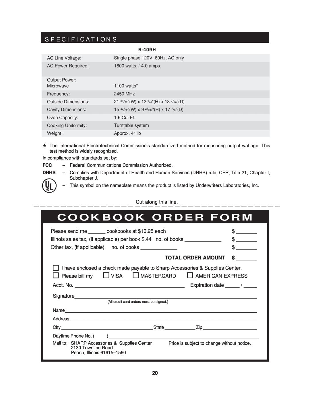 Sharp R-409HK warranty S P E C I F I C A T I O N S, Cookbook Order Form, Total Order Amount 