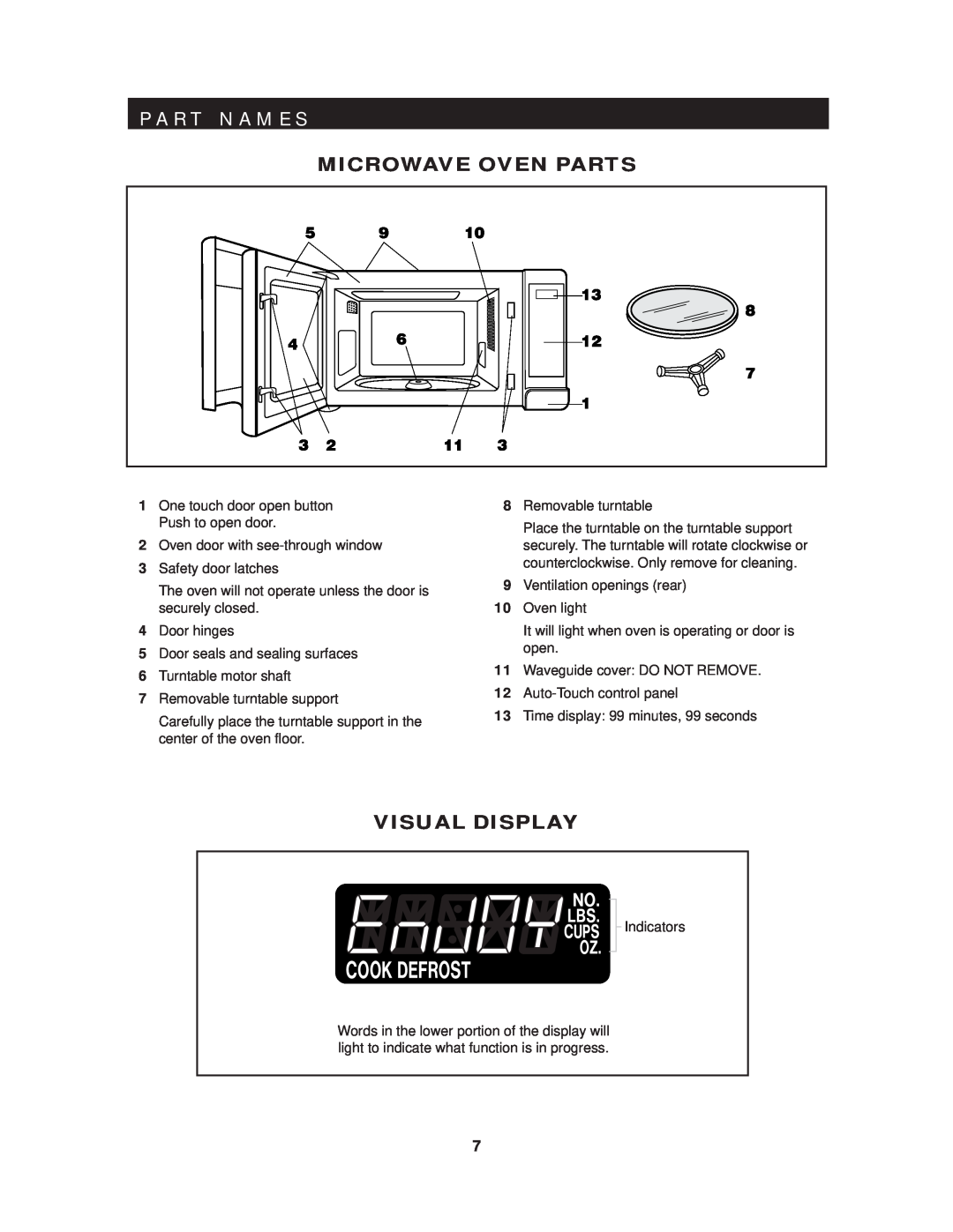 Sharp R-409HK warranty P A R T N A M E S, Microwave Oven Parts, Visual Display 