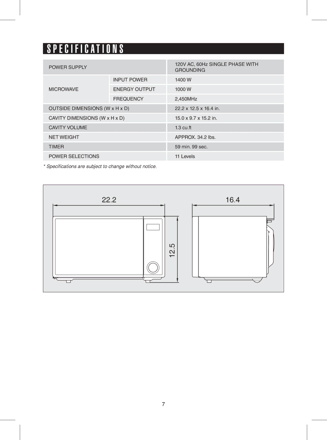 Sharp R-409Y warranty Specification S 