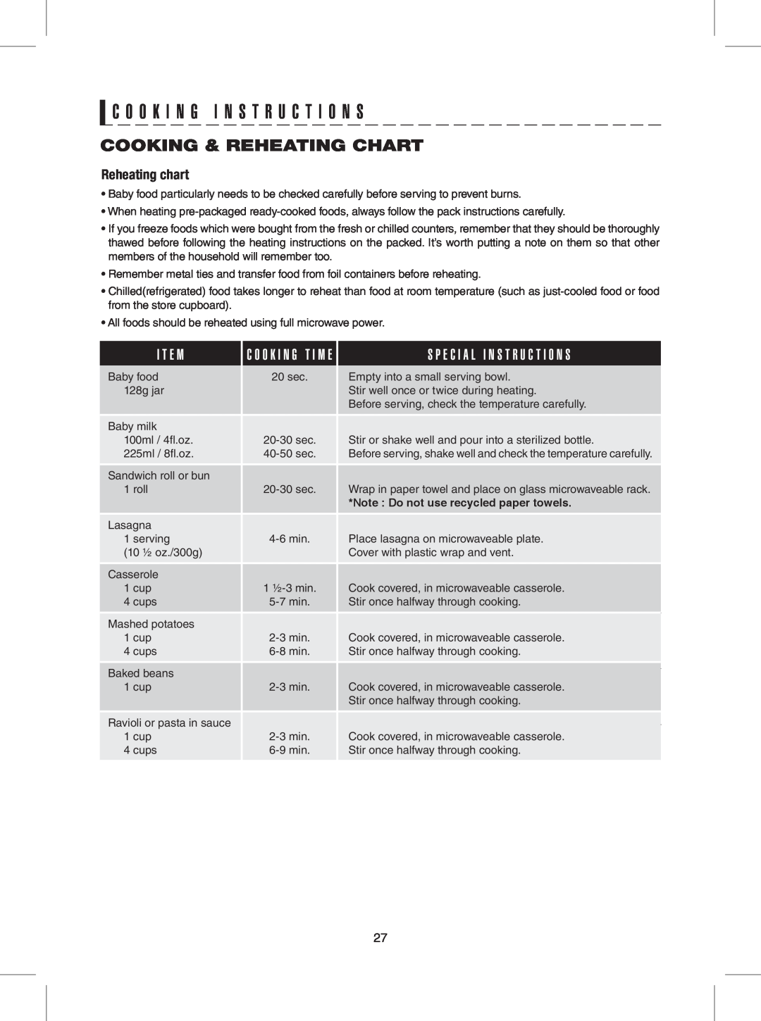 Sharp R-409Y warranty Cooking & Reheating Chart, C O O K I N G I N S T R U C T I O N S, I T E M, Reheating chart 