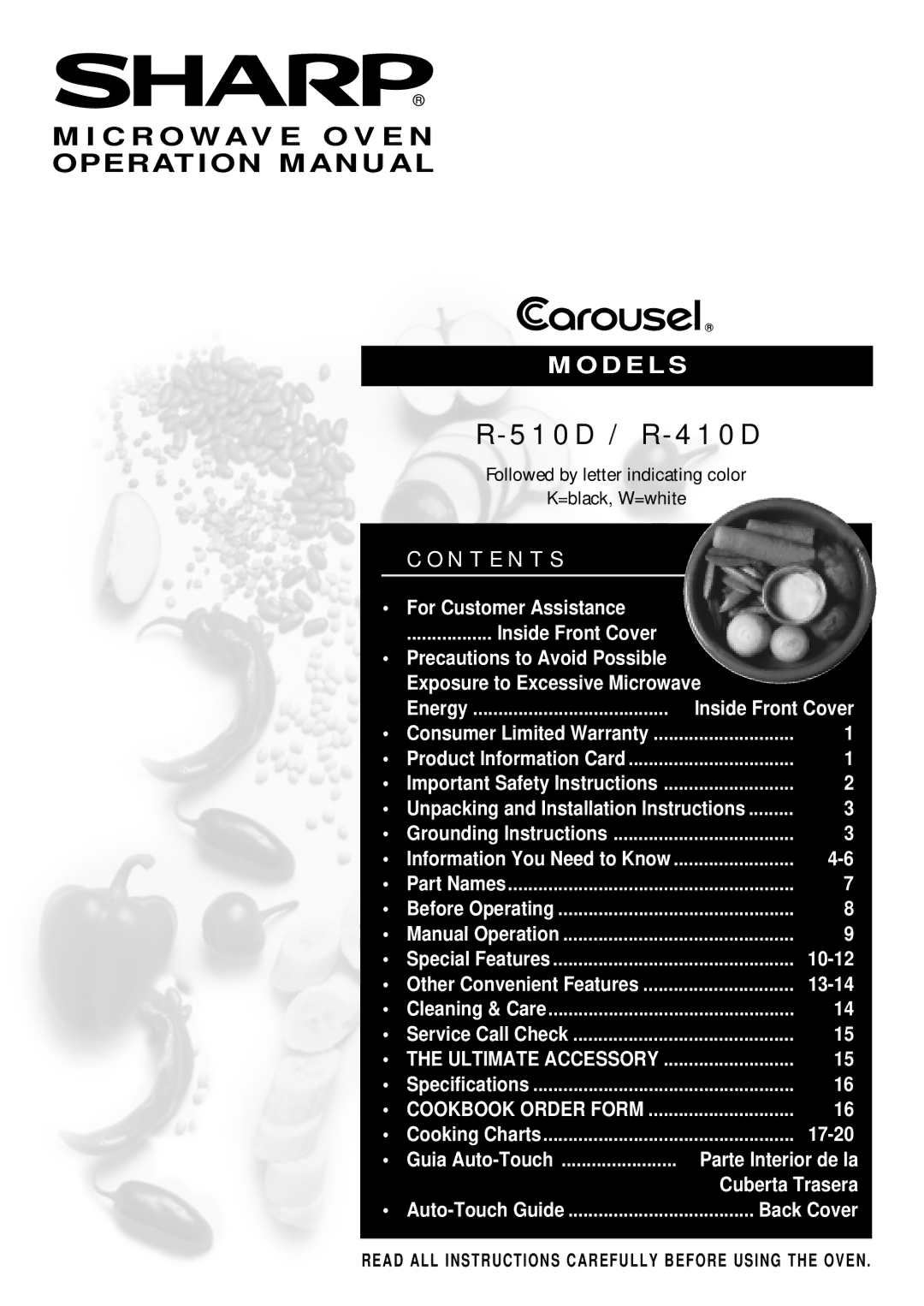 Sharp R-510D, R-410D operation manual 1 0 D / R 4 1 0 D, N T E N T S 