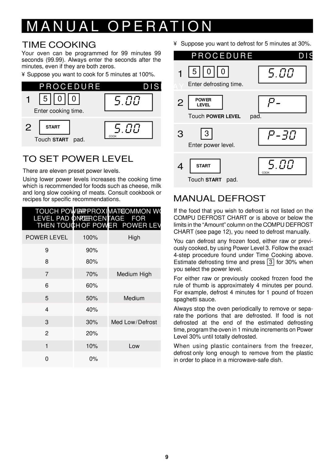 Sharp R-510D N U a L O P E R a T I O N, Time Cooking, To SET Power Level, Manual Defrost, O C E D U R ED I S P L a Y 