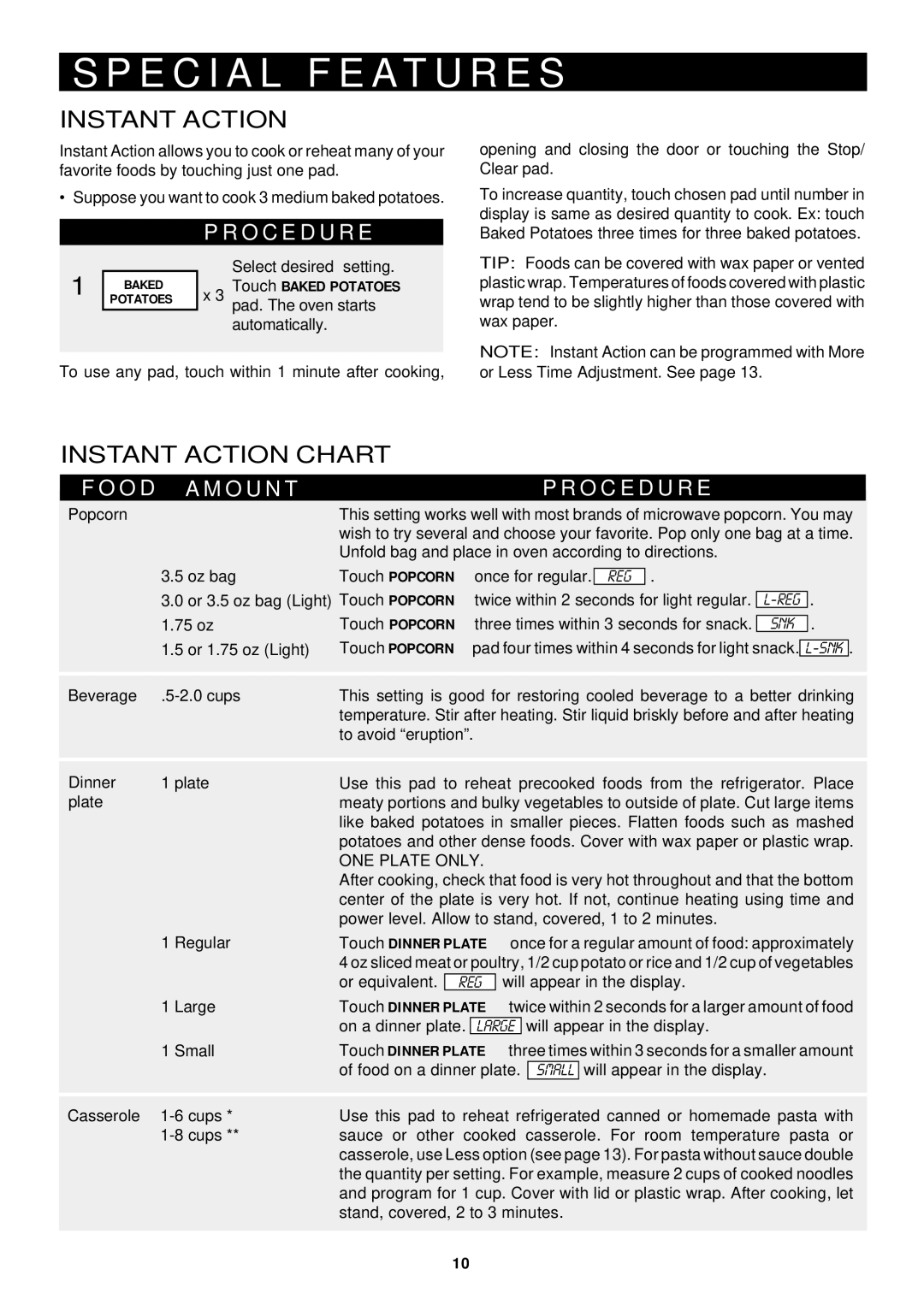 Sharp R-410D, R-510D operation manual E C I a L F E a T U R E S, Instant Action Chart, O D O U N T O C E D U R E 