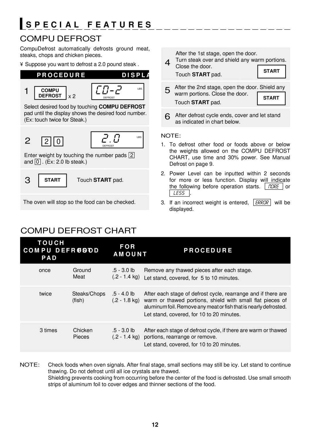 Sharp R-410D, R-510D operation manual Compu Defrost Chart, O C E D U R E S P L a Y, U C H, O D O C E D U R E 