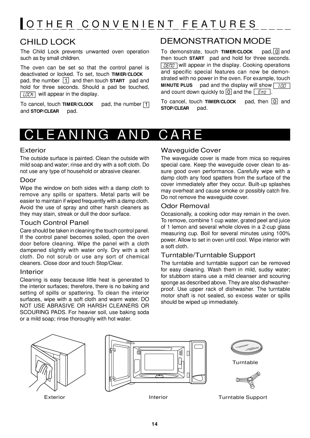 Sharp R-410D, R-510D operation manual E a N I N G a N D C a R E, Child Lock, Demonstration Mode, STOP/CLEAR pad 