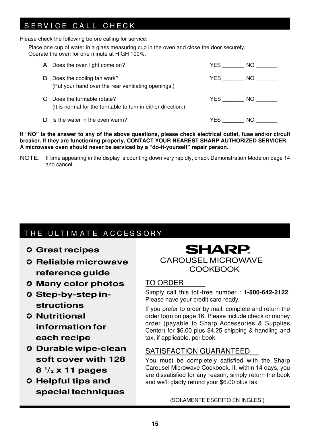 Sharp R-510D, R-410D R V I C E C a L L C H E C K, E U L T I M a T E a C C E S S O R Y, Solamente Escrito EN Ingles 