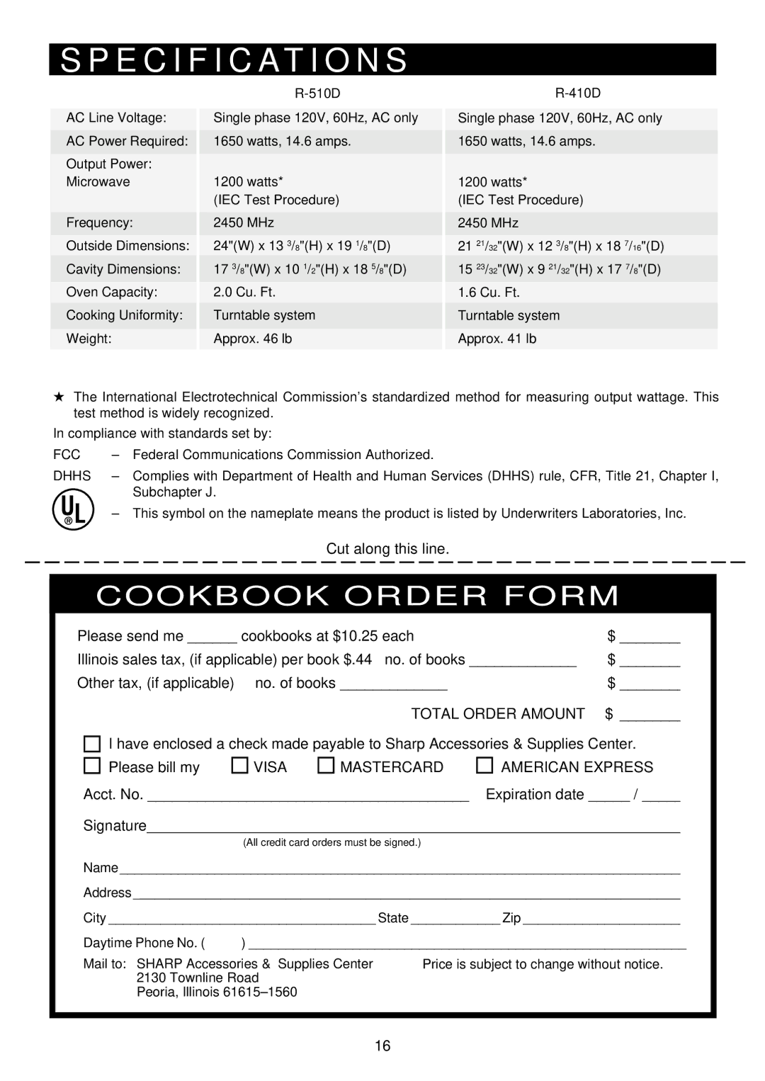 Sharp R-410D, R-510D operation manual Specification S, Fcc, Dhhs 