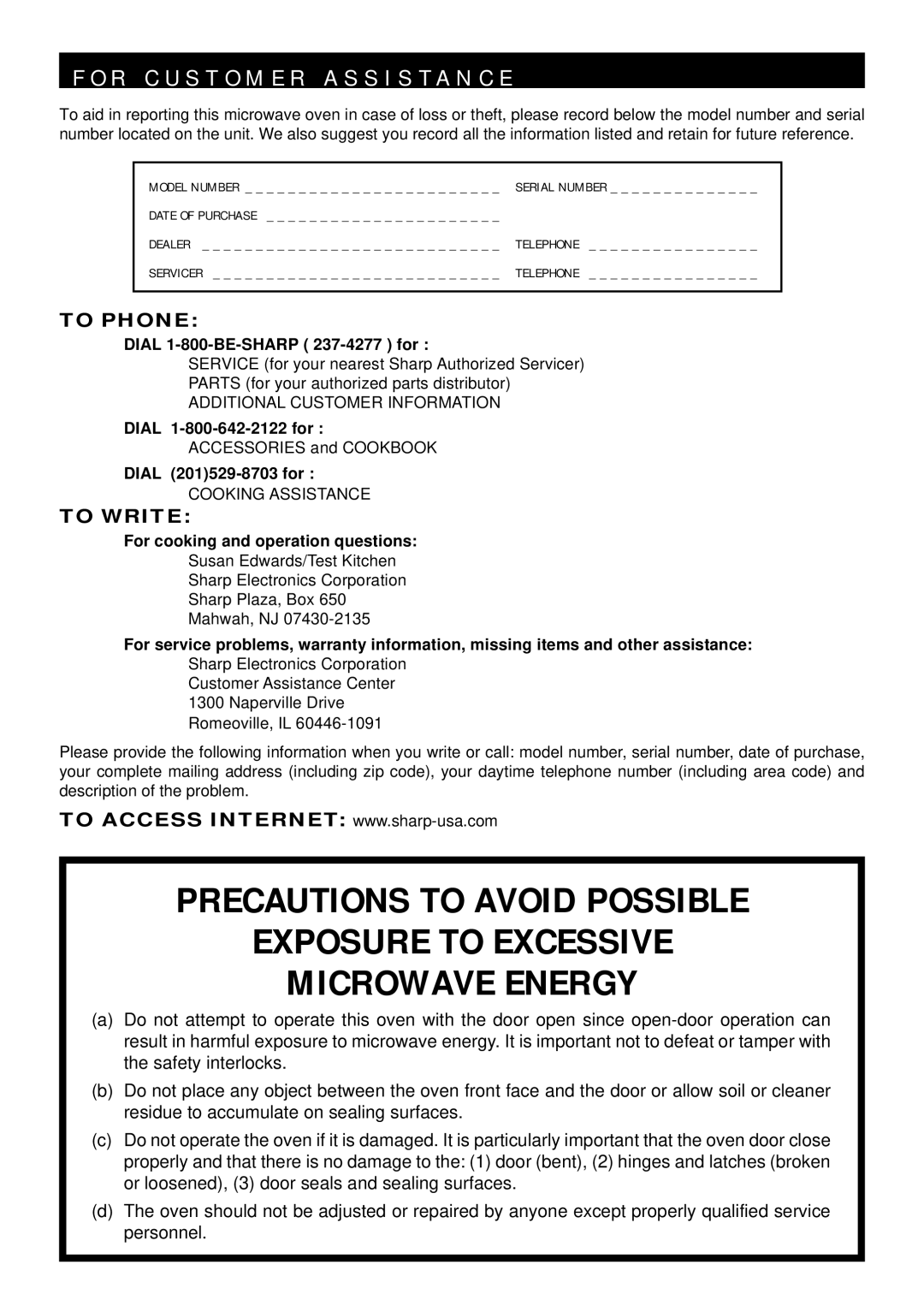 Sharp R-410D, R-510D R C U S T O M E R a S S I S T a N C E, Dial 1-800-BE-SHARP 237-4277 for, Dial 1-800-642-2122 for 