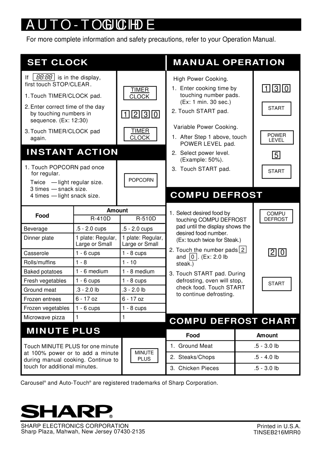 Sharp R-410D, R-510D operation manual Food Amount, Timer Clock 