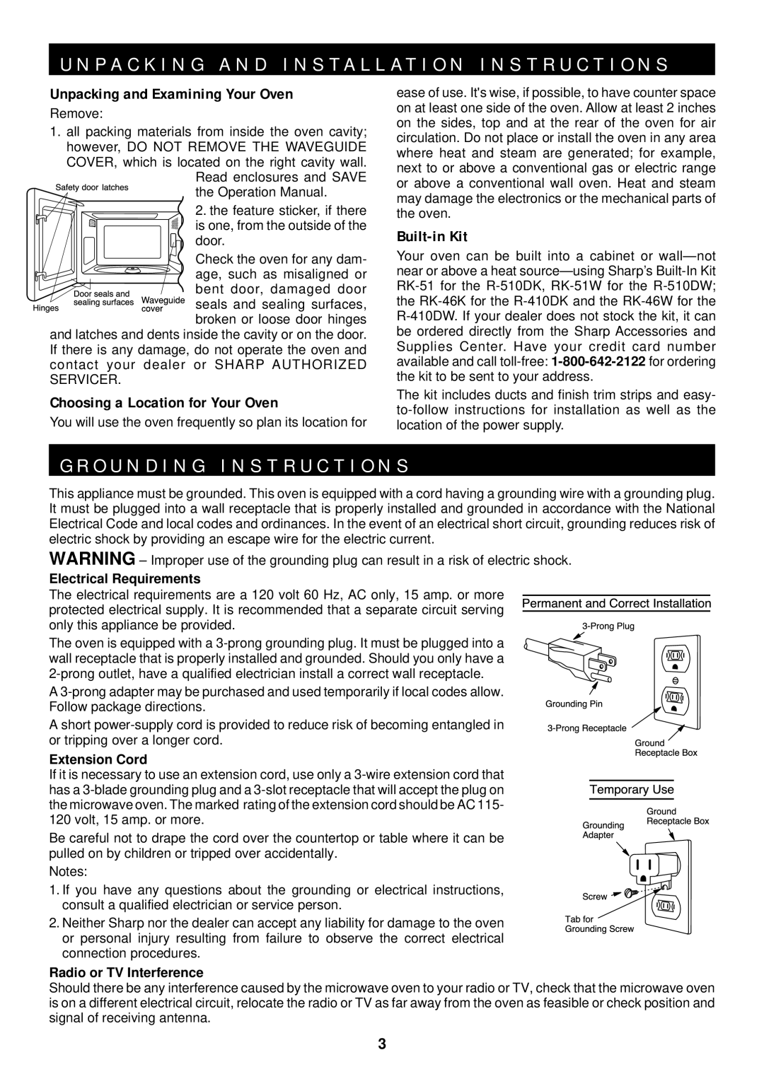 Sharp R-510D O U N D I N G I N S T R U C T I O N S, Unpacking and Examining Your Oven, Choosing a Location for Your Oven 