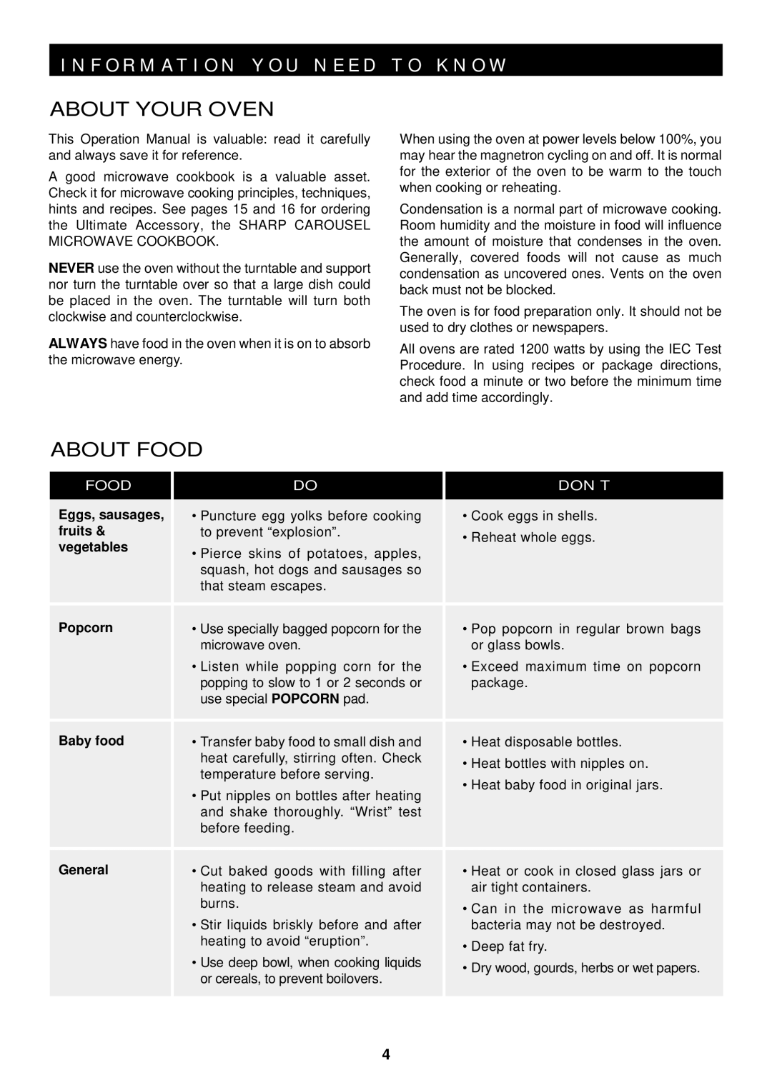 Sharp R-410D, R-510D operation manual About Your Oven, About Food 