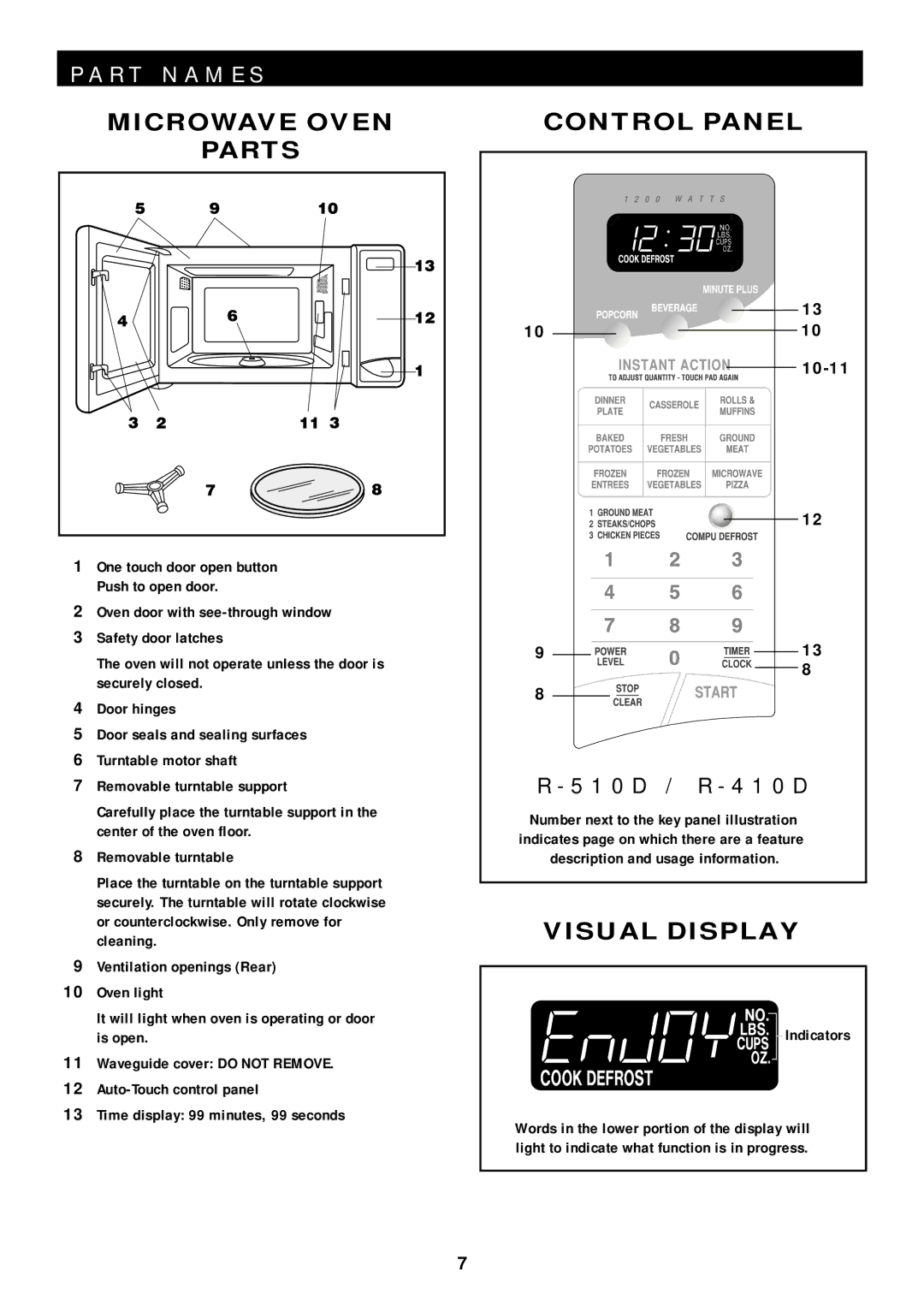 Sharp R-510D, R-410D operation manual Microwave Oven, Parts, Control Panel, Visual Display, 10-11 