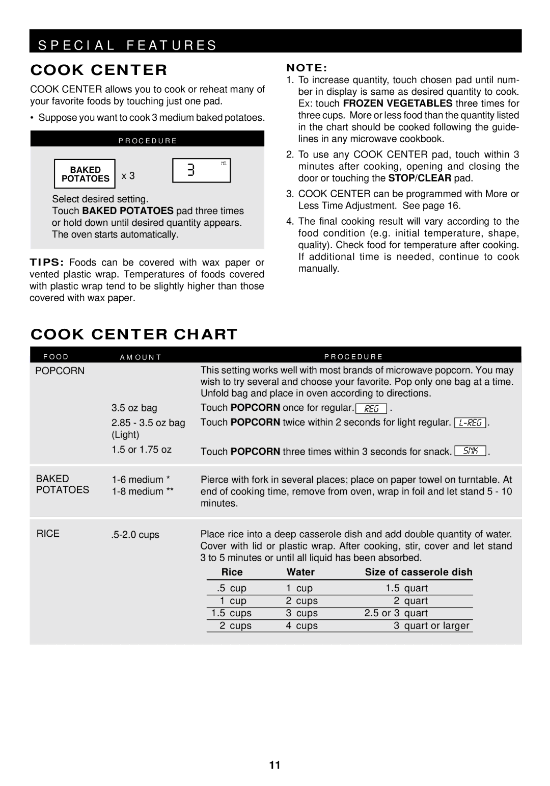 Sharp R-510F, R-410F warranty E C I a L F E a T U R E S, Cook Center Chart, O D O U N T O C E D U R E 