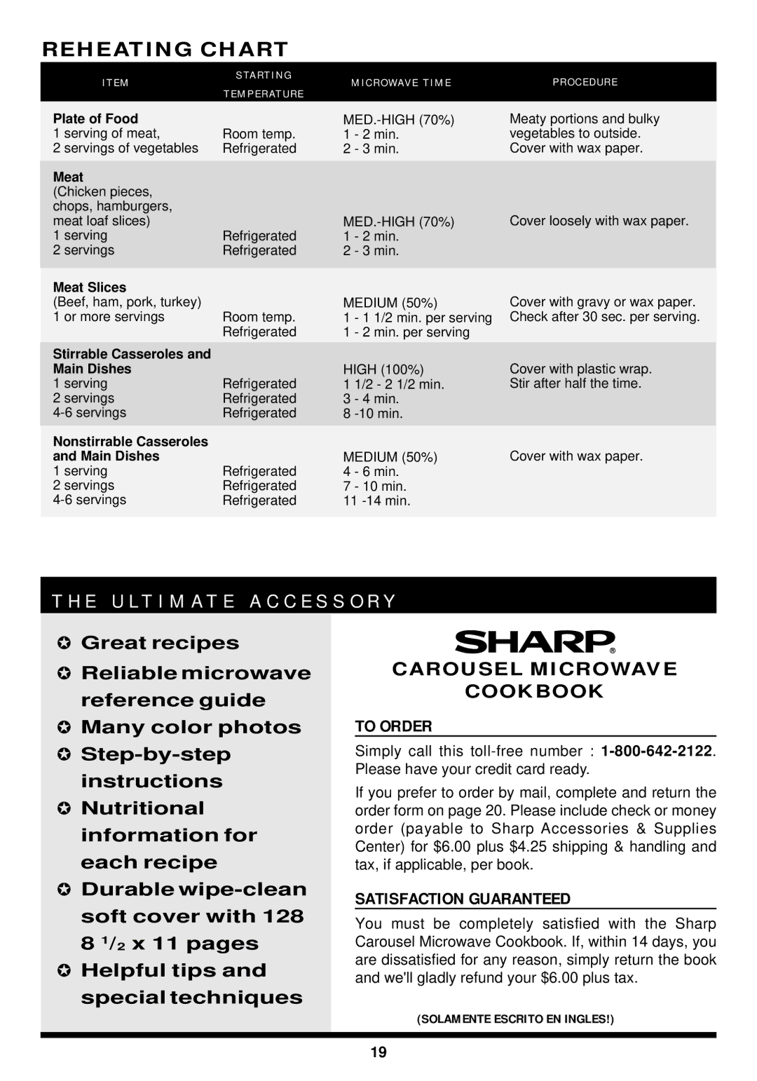 Sharp R-510F E U L T I M a T E a C C E S S O R Y, Reheating Chart, E M Ta R T I N G C R O Wav E T I M E O C E D U R E 