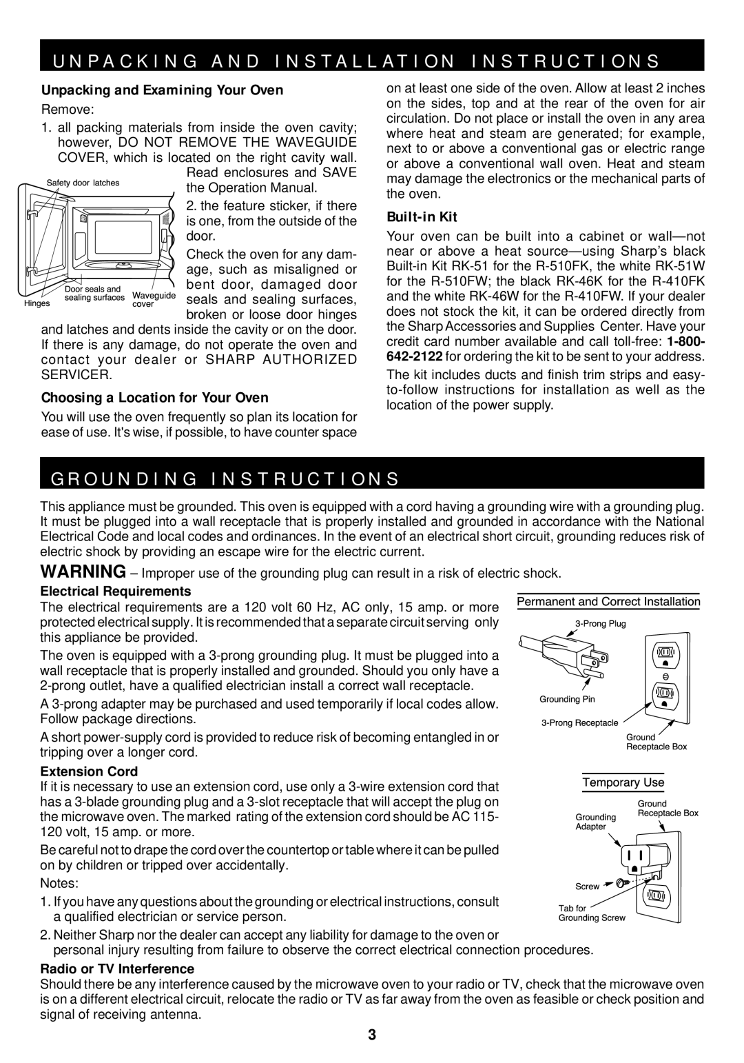 Sharp R-510F O U N D I N G I N S T R U C T I O N S, Electrical Requirements, Extension Cord, Radio or TV Interference 