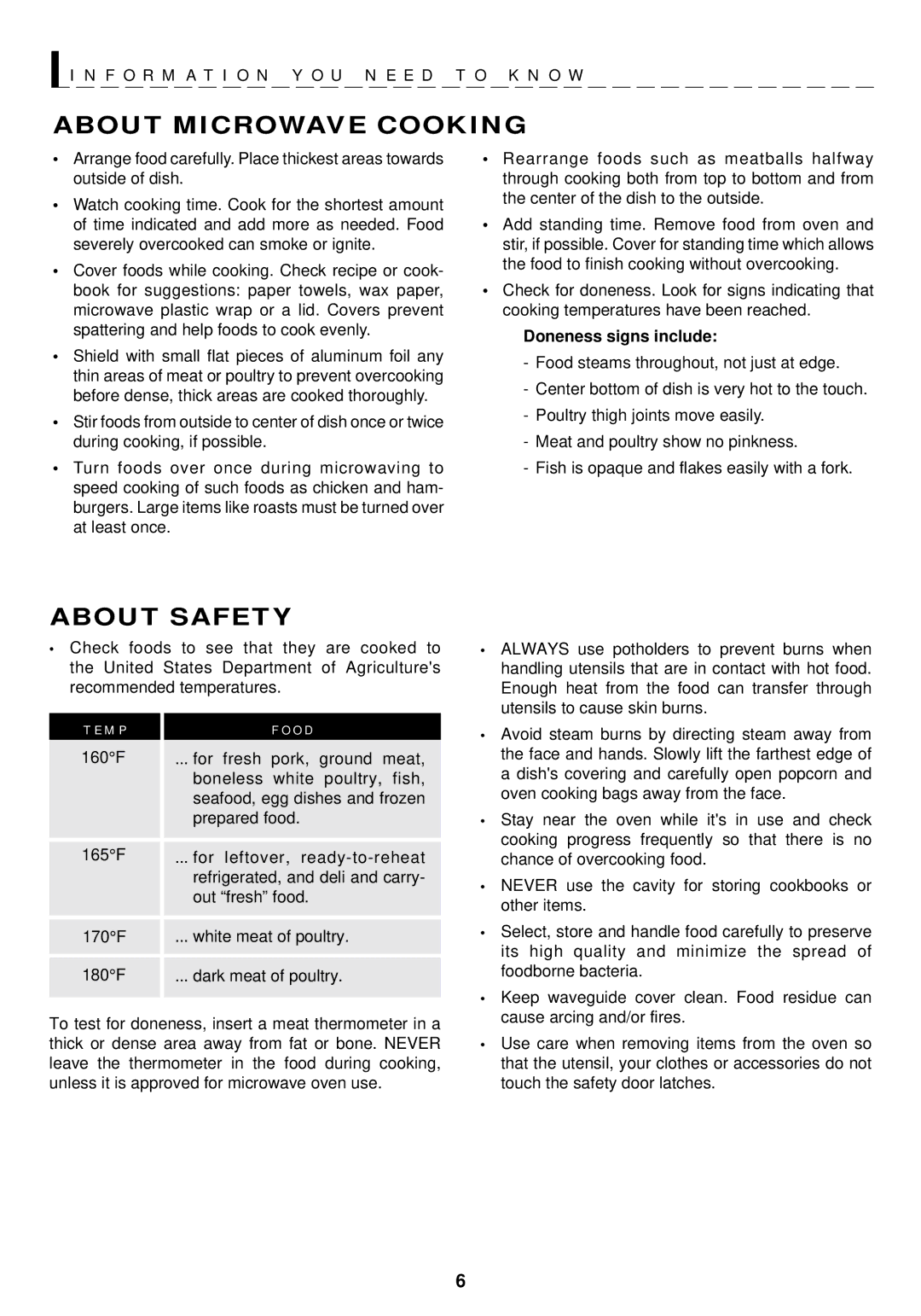 Sharp R-410F, R-510F warranty About Microwave Cooking, About Safety, M P O D, Doneness signs include 