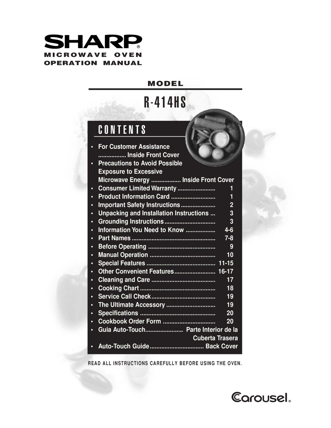 Sharp R-414HS warranty N T E N T S, Model 