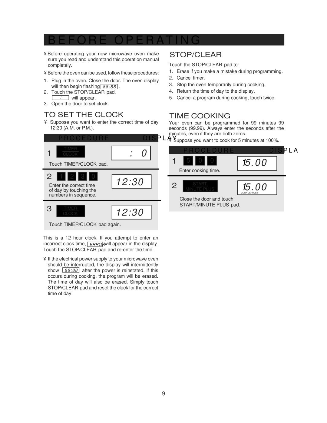 Sharp R-414HS warranty F O R E O P E R a T I N G, Stop/Clear, To SET the Clock, Time Cooking, O C E D U R ED I S P L a Y 