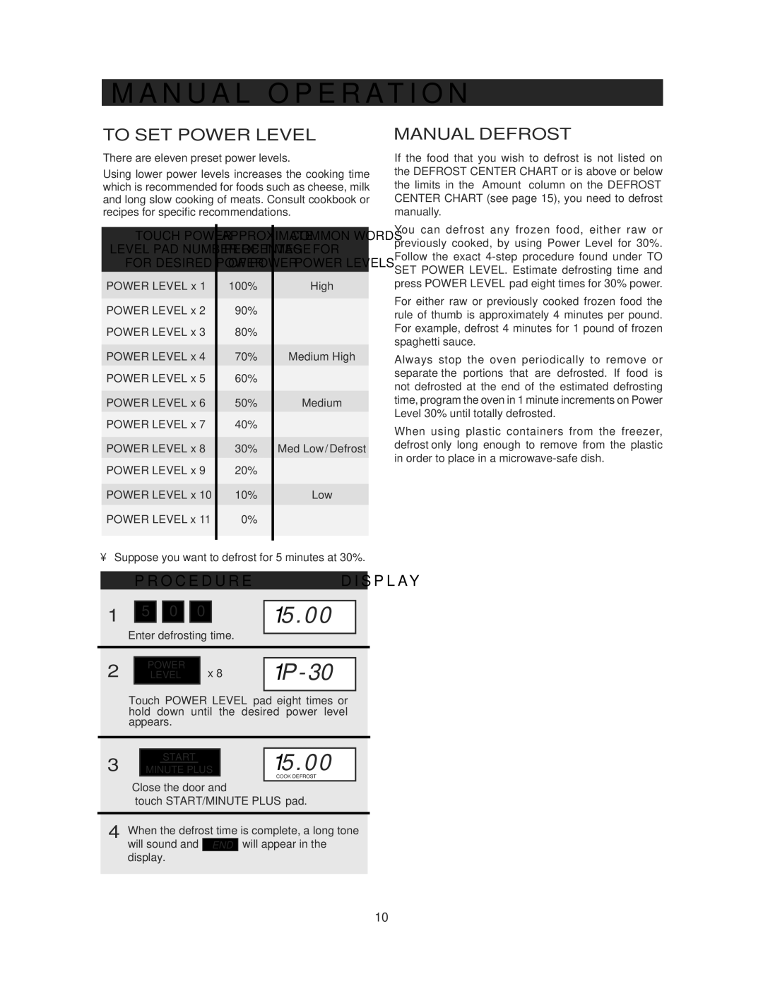 Sharp R-414HS warranty N U a L O P E R a T I O N, To SET Power Level, Manual Defrost, Touch START/MINUTE Plus pad 