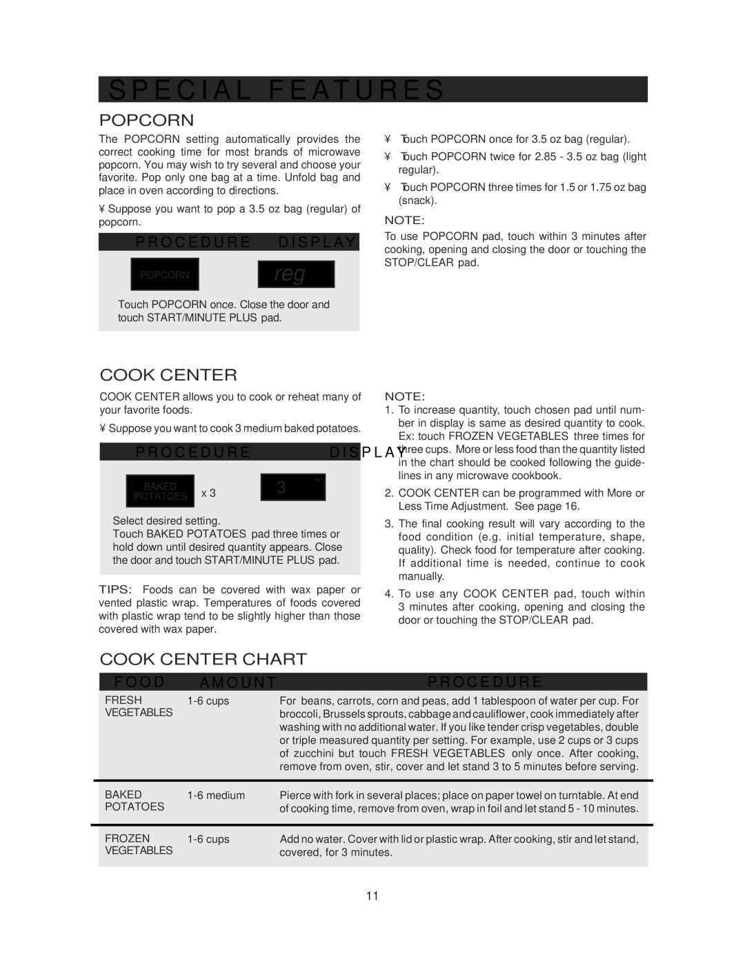 Sharp R-414HS warranty E C I a L F E a T U R E S, Popcorn, Cook Center Chart, O D O U N T O C E D U R E 