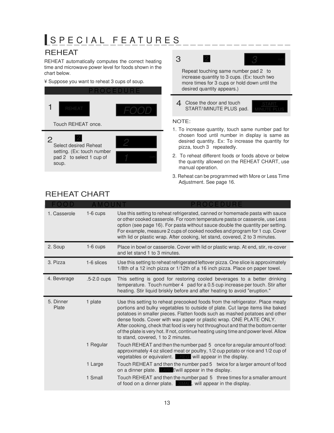 Sharp R-414HS warranty Reheat Chart, Soup, START/\MINUTE Plus pad 