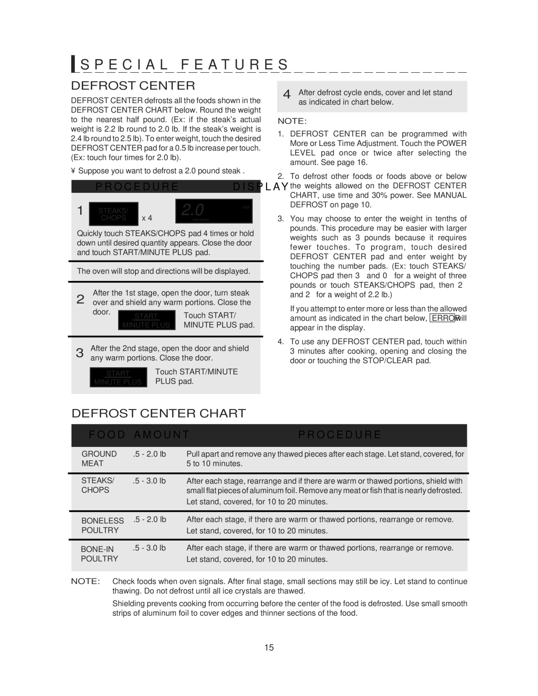 Sharp R-414HS warranty Defrost Center Chart, Touch START/MINUTE, Plus pad 