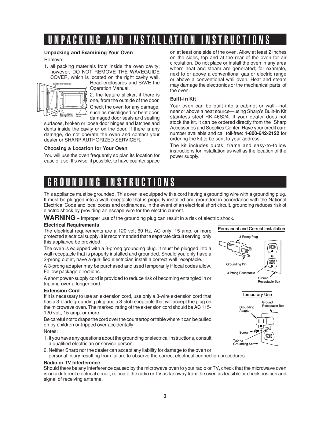 Sharp R-414HS O U N D I N G I N S T R U C T I O N S, Electrical Requirements, Extension Cord, Radio or TV Interference 